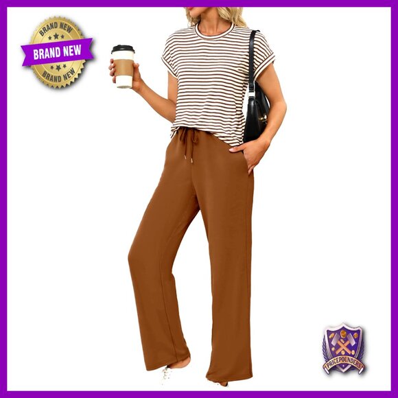 Soft Striped Lounge Set: Short Sleeve Top & Wide Leg Pants Sizes 4-20